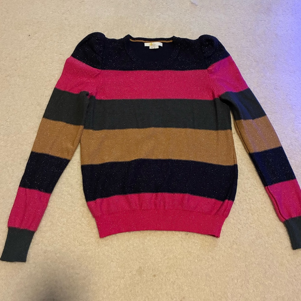 Boden Puff Sleeve Pink/Navy/Green/Gold Striped Sweater Women’s 6